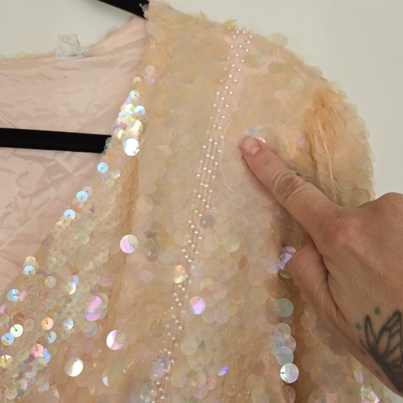 VTG Large Pink Ivory Full Sequin Glam Silk Evening Blouse 80s Beaded Iridescent‎ - Picture 13 of 16